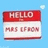 A pixelated image with a blue background showing 'HELLO MRS EFRON' on a red-and-white sign, and four separate text elements in dark letters against a pink background.