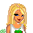 Pixel art of a blonde woman in a white crop top and gray pants with strawberries, standing next to green clover and text reading 'tuck me in' in green and red.