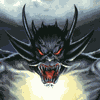 A four- shows a dark dragon-like creature, a character with brown hair in buns, and a blue armored figure against red and purple backgrounds