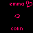 Pixelated pink text and symbols on black background: 'emma' with heart symbol, '<3', and 'colin' in two side-by-side