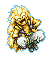 Pixelated character with spiky blonde hair and green accents on clothing, seated in a cloud-like base against gray background.