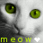 A pixelated close-up of a cat's face with green eyes, showing two states: one with white text 'meow' and a white heart, the other with yellow text 'meow' and a yellow heart.