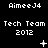 Pixelated black-and-white animation showing repeated text 'AimeeJ4' and 'Tech Team 2012' with changing symbols above the text.