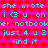 A static digital image with cyan text on a pink background featuring repeating red heart shapes, displaying repeated phrases and abbreviations.