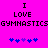 Pixelated text and symbols on a bright pink background with two identical sections of 'I LOVE GYMNASTICS' and blue/purple puzzle pieces.