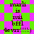 Pixelated text and patterned background in green and purple, with repeated phrases and a smiley face.
