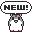 Four pixel-art hamster-like characters in various poses holding speech bubbles with 'NEW!' text, arranged in a 2x2 contact sheet on gray background.