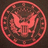 Circular red icon with a stylized cat-like figure inside, surrounded by decorative patterns on dark background.