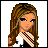 Pixel art buddy icon featuring a female character with long brown hair and blue eyes, wearing an orange-and-black checkered scarf over a white top, displayed in a 2x2 contact sheet layout with pink and gray background squares.