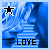 Two side-by-side animated frames of a blue-themed buddy icon featuring a star symbol and the word "LOVE" with varying text color and star fill state.