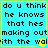A static image with cyan background and yellow border displaying pixelated black text reading "do u think he knows that hes making out with the wal" across four identical