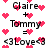 Pixelated text and pink heart icons arranged in a pattern with repeated 'Claire + Tommy = <3Love<3' phrases on white background