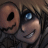 Pixelated static image of two anime-style character faces in close-up, one with a single visible eye and the other with blue eyes, both smiling against a dark background.