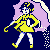 Pixel art of a character with dark blue hair and yellow highlights, wearing a yellow dress with a dark blue 'D' symbol, holding a yellow cane, standing against a dark blue background with a light purple shape behind them.