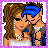 Animated contact sheet showing three frames of a pixel art buddy icon with two characters and text overlays on purple backgrounds.