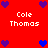 Red background with repeated 'Cole Thomas' text and heart symbols in blue/purple hues.