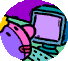 Animated sequence of a cartoon character holding a computer monitor against a purple starry background, with the monitor screen changing color and the character's arm position shifting.