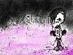Pixelated static icon featuring a stylized character with dark hair and white face against pink and black background, showing visible dithering and compression artifacts.