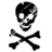 Black and white pixelated skull with crossed bones on a plain background, rendered in low-resolution digital art style.