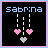 Pixelated icon with 'sabrina' text above three vertical white lines and four pixel hearts in pink, gray, and black.