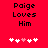 Red background with black text "Paige Loves Him" and five pixelated hearts below, where the third heart changes color from white to pink between frames.