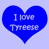 Nine heart-shaped icons in a , each displaying "I love Tyreese" text on solid-colored backgrounds