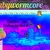 A pixelated static image with a gradient background transitioning from purple to blue, featuring small colored dots and faint horizontal lines.