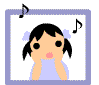 Animated contact sheet of a cartoon girl with pigtails in a light blue dress, surrounded by musical notes across six frames showing subtle pose and note changes.