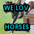 Four horse-riding scenes with cyan text overlays reading "WE LOV HORSES" and names like IsabellaC2, MayaT, OliviaV1.
