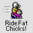 Pixel art animation of two characters riding a vehicle, with text below reading "RideFat Chicks!" in blocky font.