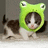 A pixelated cat wearing a green frog hat with large eyes, standing on a light surface against a gray background, next to text reading 'grrrrr' in white pixels.