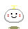 Pixelated white round character with yellow top, red cheeks, black eyes, and smiling mouth on gray background with green base.
