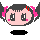 Pixelated cartoon character head with pink hair bows, gray bangs, and blue tears in six distinct expressions on a gray background.