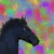 Four identical black horse head icons arranged in a with blue text labels on a colorful pixelated background