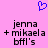 Blue pixelated heart symbol above black text reading 'jenna + mikaela bffl's' on a solid pink background.