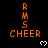 Orange pixelated text 'RMS CHEER' with white heart symbols on a black background, arranged in a pattern with a gray rectangle partially visible at the bottom right