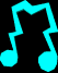 Three of a cyan musical note animation on black background with gray vertical bars