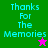 Four display "Thanks For The Memories" text with a star icon; top-left green background, bottom-right purple background, bottom-left pink background