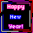A 4x3 contact sheet of 12 animated frames showing pixelated "Happy New Year!" text in alternating pink and blue colors with colorful borders on a black background.