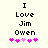 Black pixelated text "I Love Jim Owen" on light background with pink heart symbols below, two variations of heart coloration.