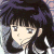 Pixelated anime-style character with dark purple hair and bangs, light skin, brown eyes, wearing a dark outfit with a light collar, set against a blurred background.