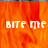 A static image with orange and red flame-like background displaying 'BITE ME' text in white pixelated font.