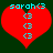 Two identical red heart-shaped icons with cyan text and symbols on a dark green background, each displaying 'sarah<3' at the top and three '<3' symbols vertically below.