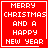 Red square with white pixelated text reading 'MERRY CHRISTMAS AND A HAPPY NEW YEAR' and a white border, with a small white cursor icon in the bottom-right corner of the top-right