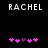 Pixelated text 'RACHEL' above two of pink and purple puzzle pieces on a black background