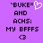 'BUKE* AND ACHS: MY BFFFS <3' text on purple background with white heart symbol; two identical static frames shown side-by-side.