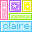 Pixelated of colorful rectangular and square with star, cross, dot patterns; repeated 'claire' text in light blue blocks on gray background