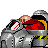 Pixelated character in red and black attire with brown hair, lying on a gray mechanical structure against a plain background.