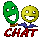 Green and yellow pixelated faces with open mouths stand side-by-side above red 'CHAT' text on a gray background.