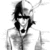Black-and-white pixelated image of a character with dark hair and antlers, mouth open in distress, overlaid with text elements.